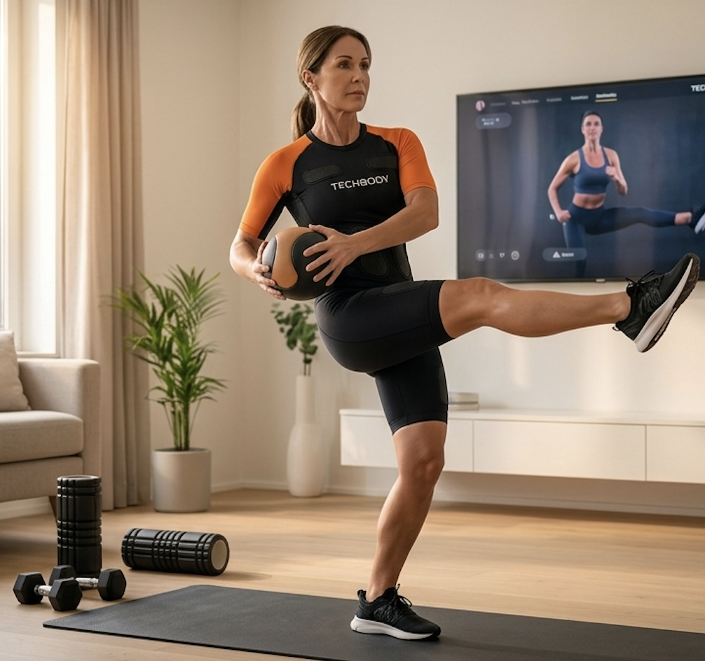 Mulher a utilizar o dispositivo TechBody U em casa